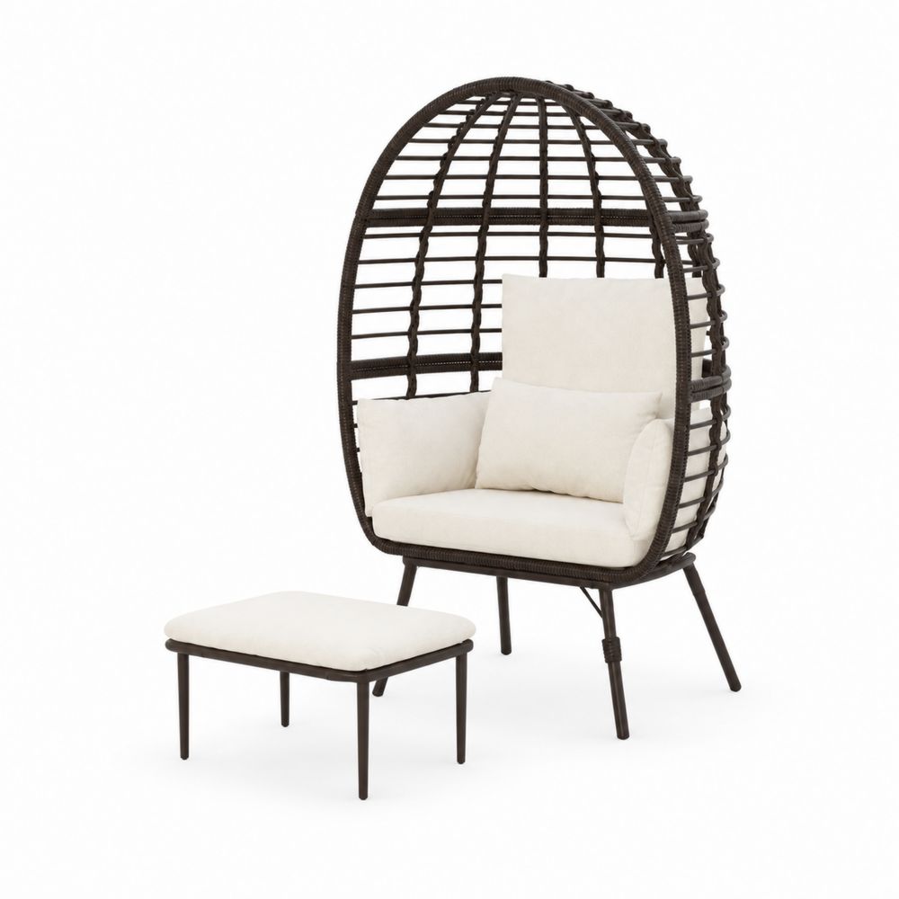Set Poltrona a Forma di Uovo con Poggiapiedi in Rattan e Acciaio con Cuscini Crema-Pelvilos
