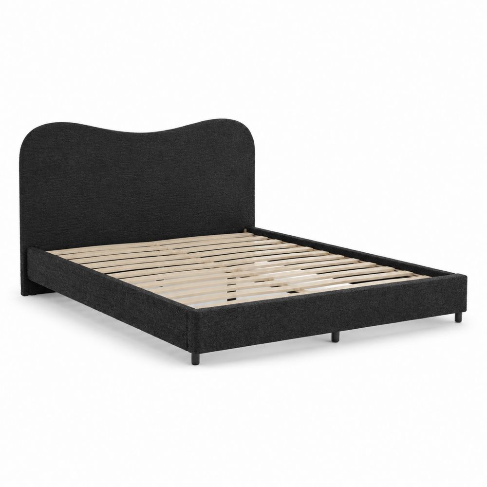 Letto matrimoniale con testiera sagomata in tessuto nero 200x160 cm-Pelvilos
