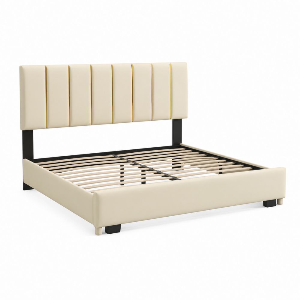 Letto matrimoniale in pelle sintetica beige con struttura in metallo-Pelvilos
