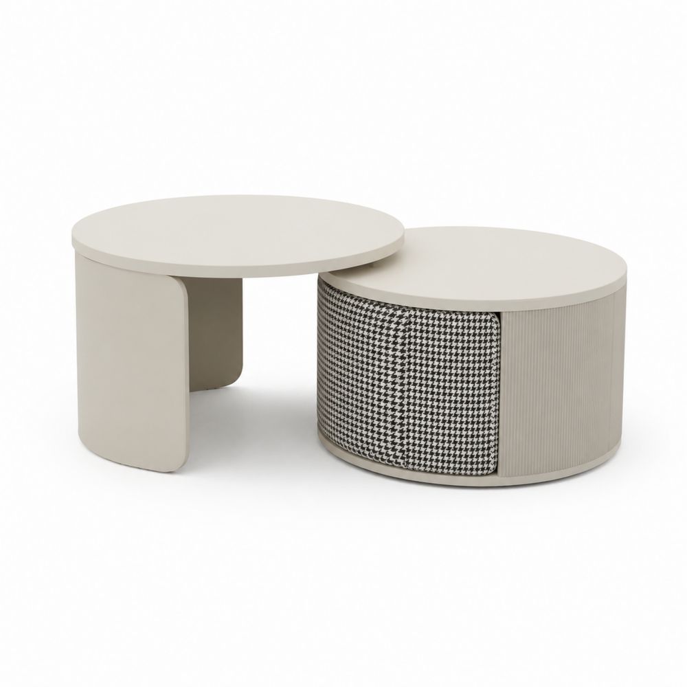 Set di Tavolini Rotondi in Legno e Tessuto Beige-Pelvilos