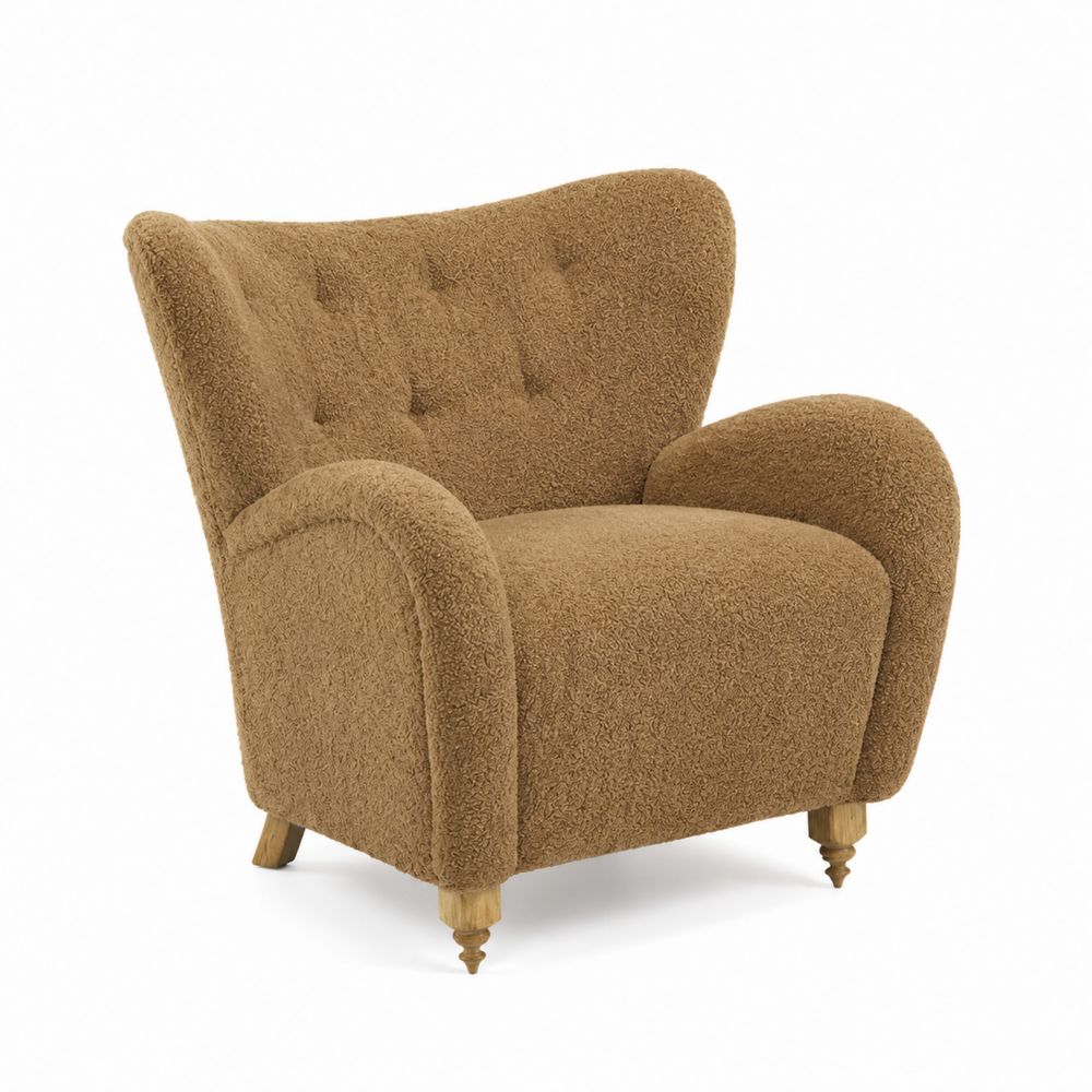 Poltrona in tessuto bouclé marrone con gambe in legno-Pelvilos