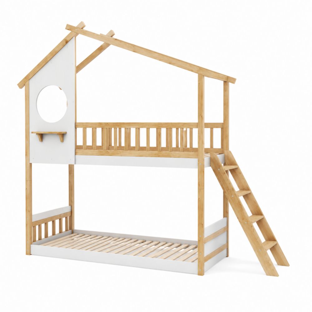 Letto a Castello per Bambini con Struttura a Casetta in Legno-Pelvilos