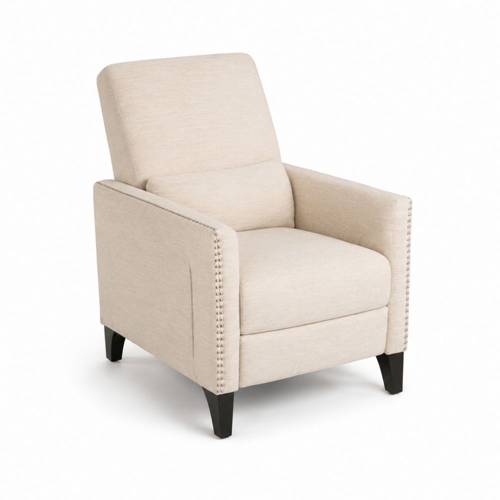 Poltrona reclinabile in tessuto con gambe in legno, Beige-Pelvilos
