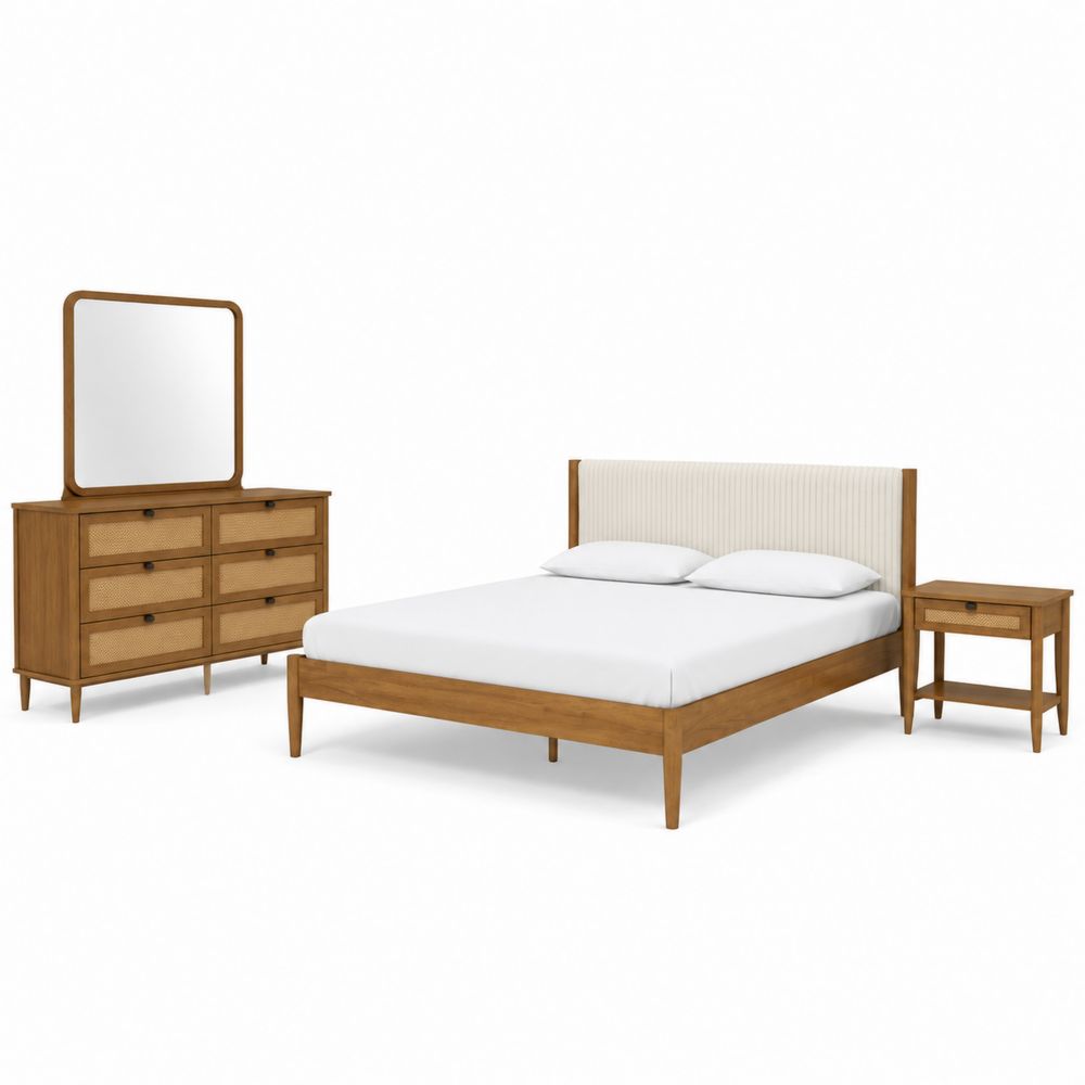 Set camera da letto in legno massello con letto matrimoniale, comodino e cassettiera con specchio-Pelvilos