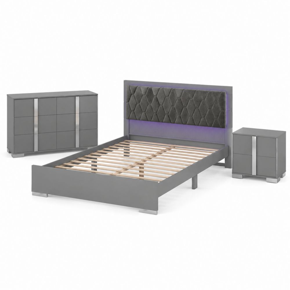 Letto matrimoniale con testiera imbottita, comodino e cassettiera, Grigio-Pelvilos
