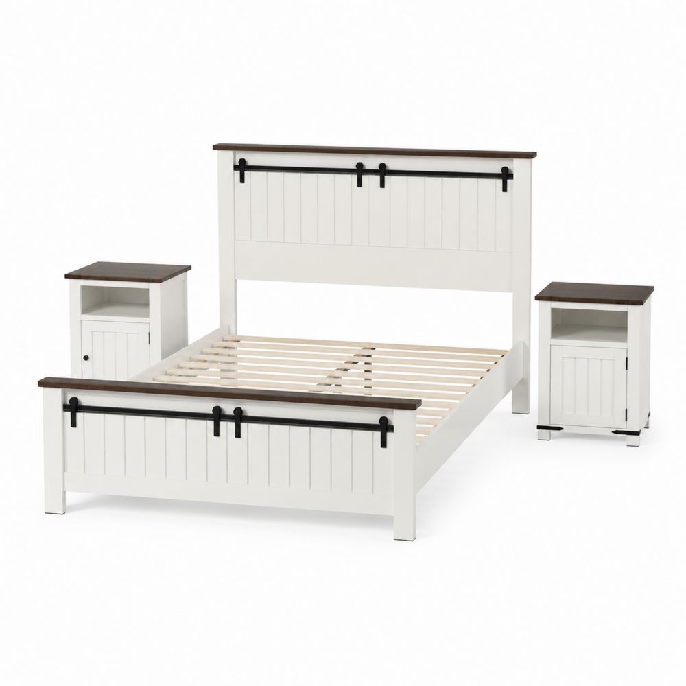 Letto matrimoniale in legno con 2 comodini Bianco/Marrone-Pelvilos