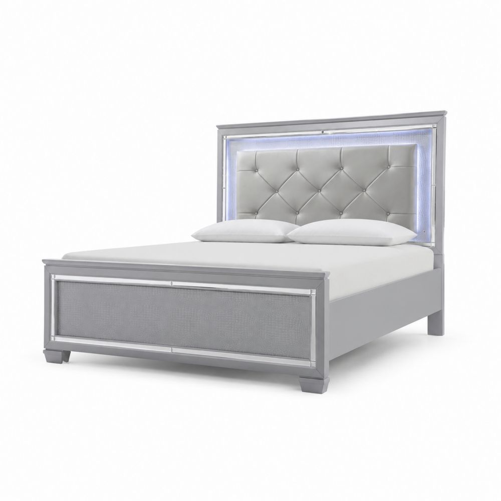 Letto matrimoniale in legno con testiera in ecopelle grigia e LED-Pelvilos