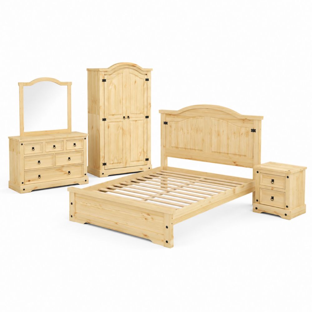 Set camera da letto in legno di pino con armadio, letto, comodino e cassettiera-Pelvilos