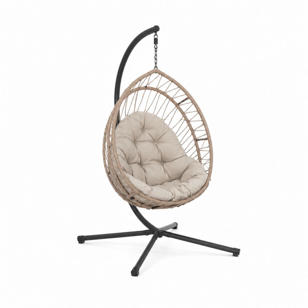 Sedia sospesa in resina intrecciata con cuscino beige e struttura in metallo-Pelvilos