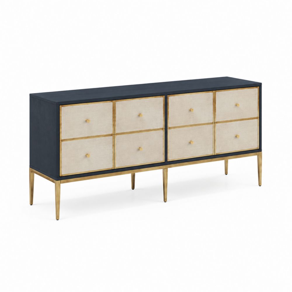 Credenza a sei cassetti in legno con dettagli metallici blu e dorati-Pelvilos