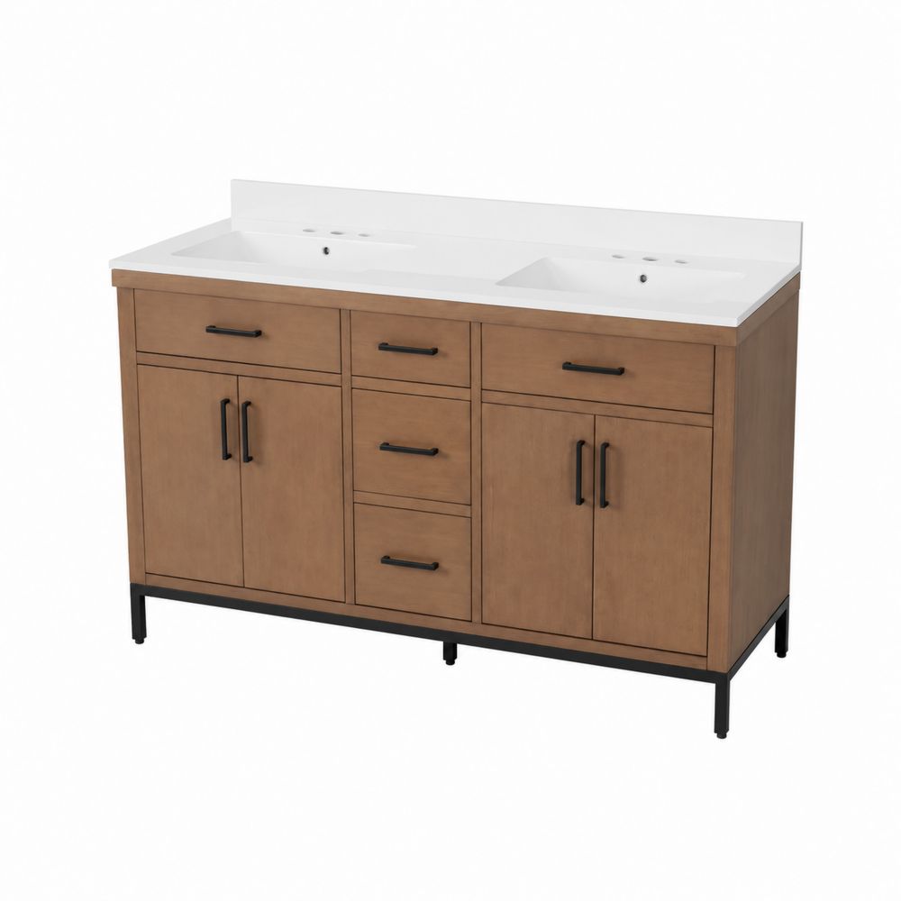 Mobile lavabo doppio in legno con lavandino in ceramica, piedini in metallo, Marrone Chiaro-Pelvilos