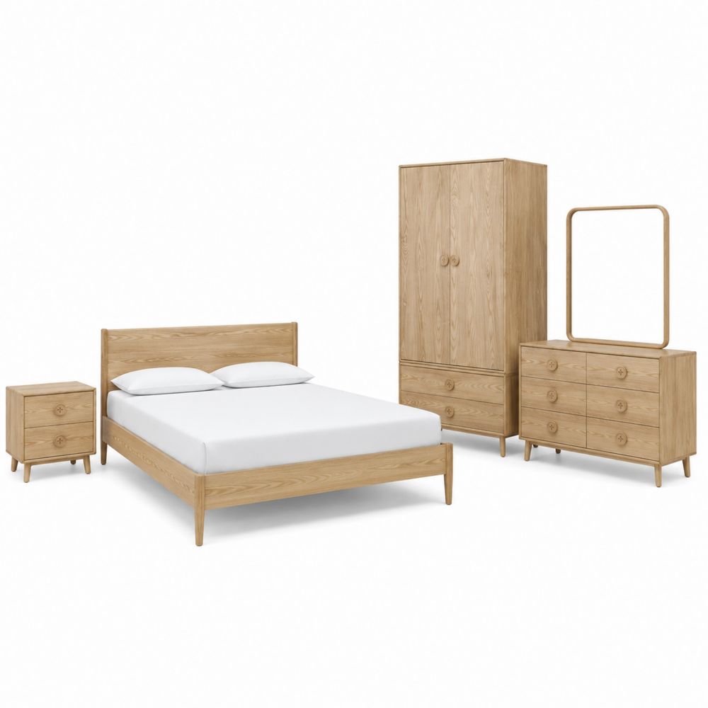 Set da camera legno massello rovere naturale con letto, armadio, comodino e cassettiera-Pelvilos