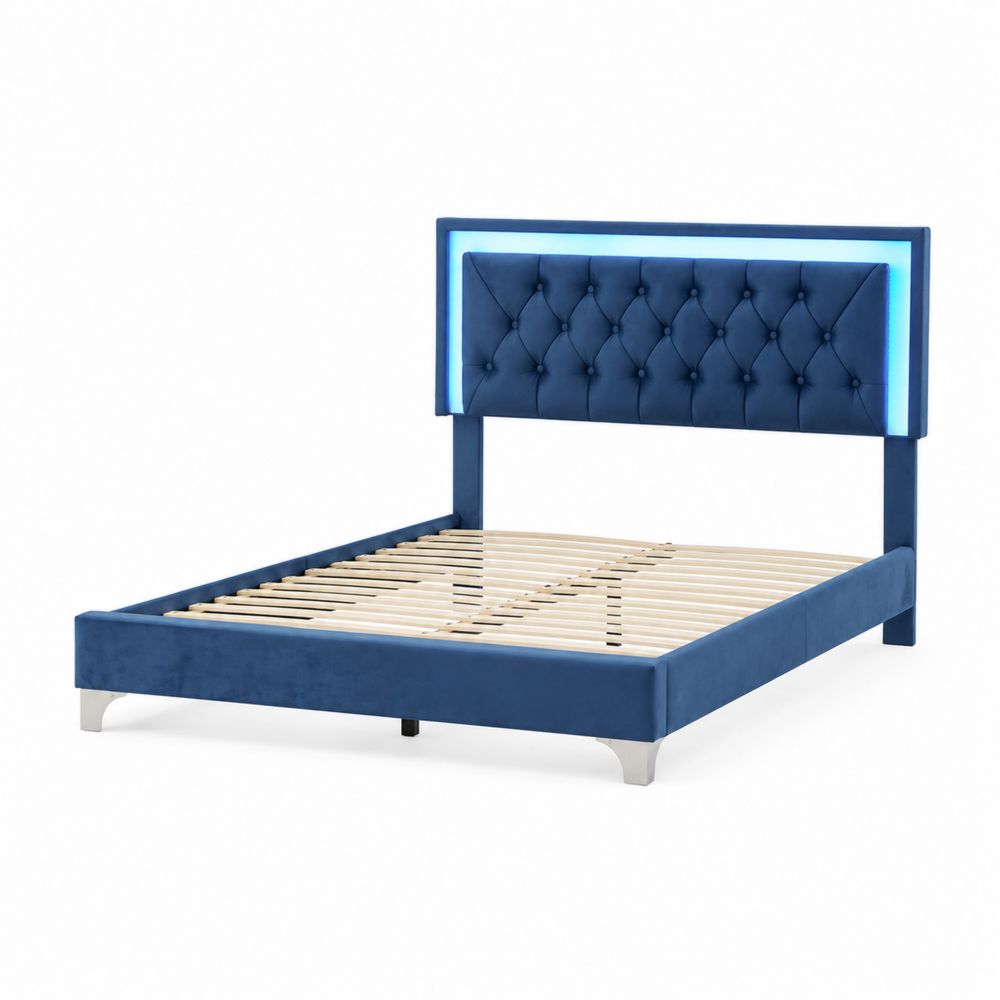 Letto matrimoniale in velluto blu con testiera imbottita e LED-Pelvilos