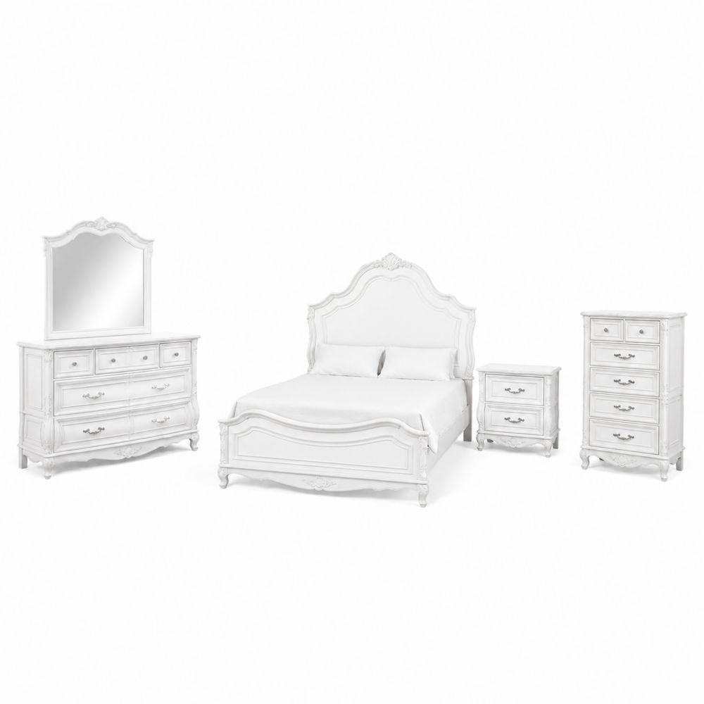 Set Camera da Letto in Legno Bianco con Letto, Comodino, Comò e Cassettiera-Pelvilos
