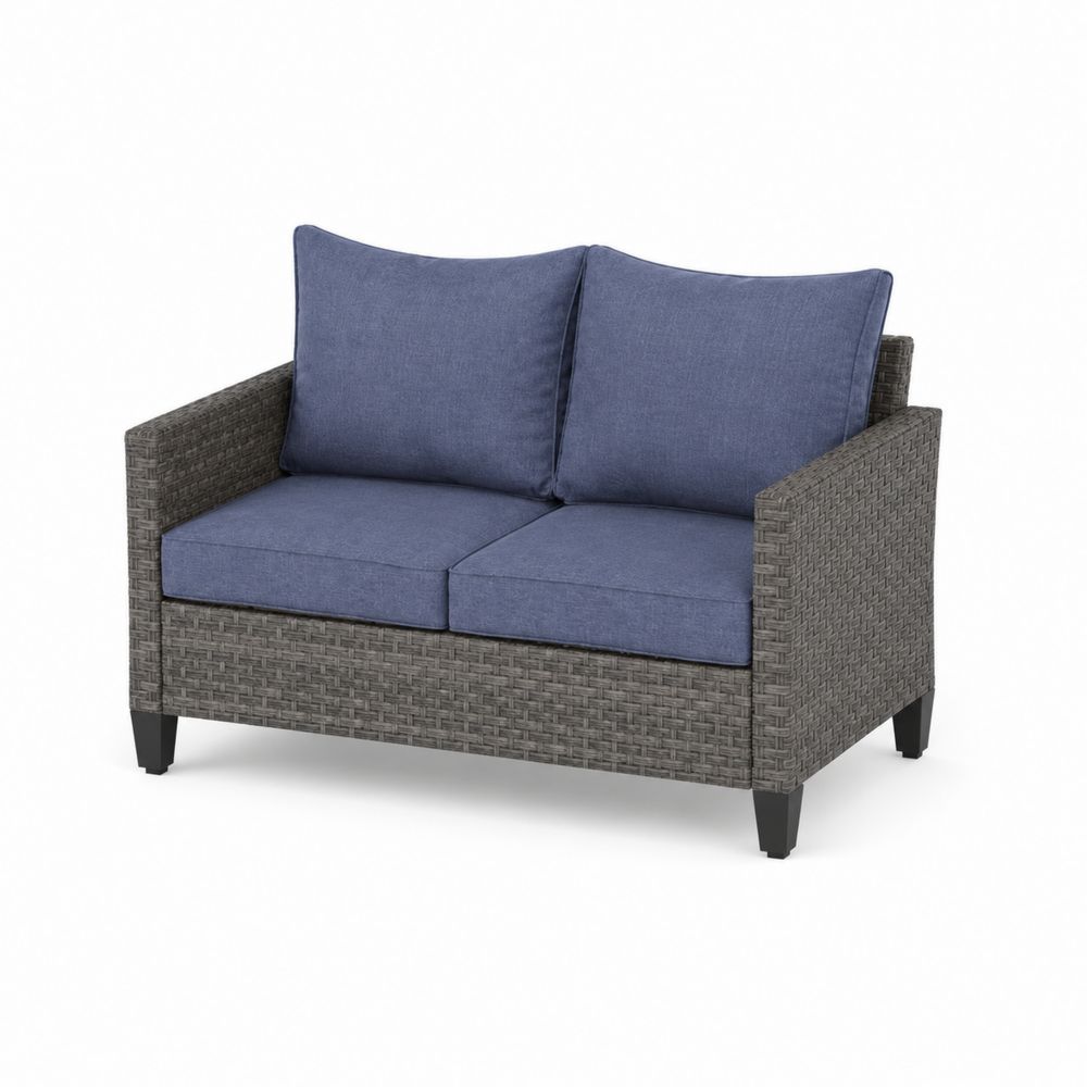 Divano da giardino 2 posti rattan cuscini blu poliestere-Pelvilos