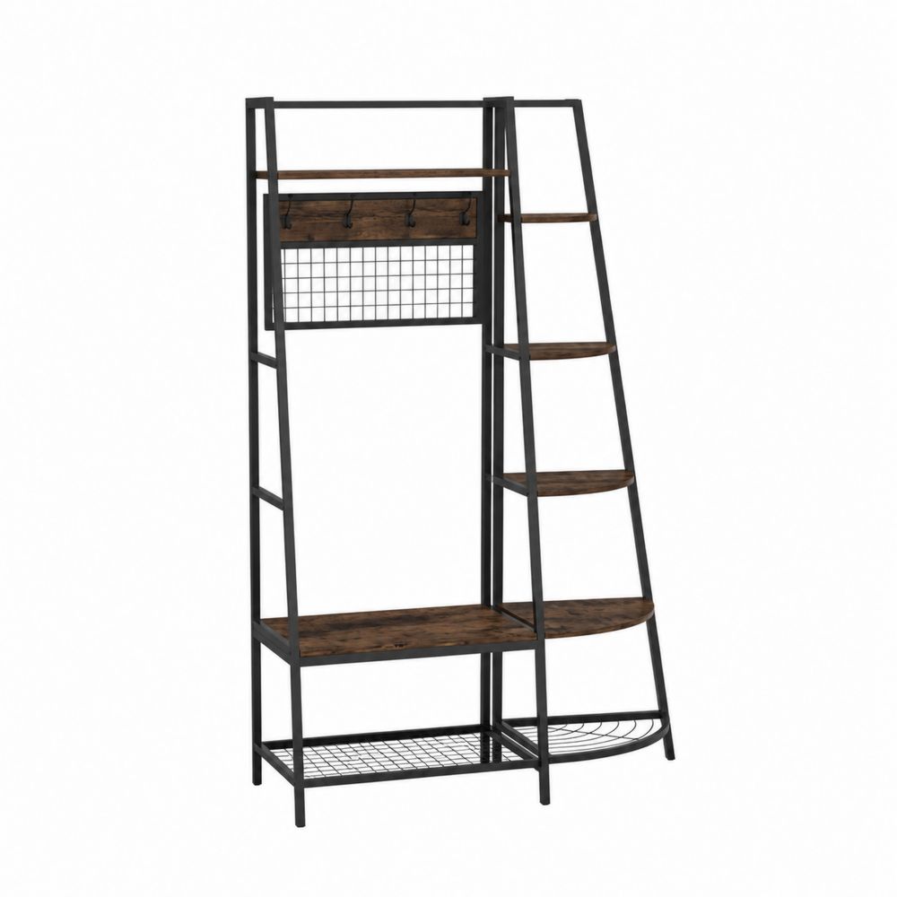 Appendiabiti in Metallo e Legno MDF con Scaffali e Ganci Nero/Marrone-Pelvilos