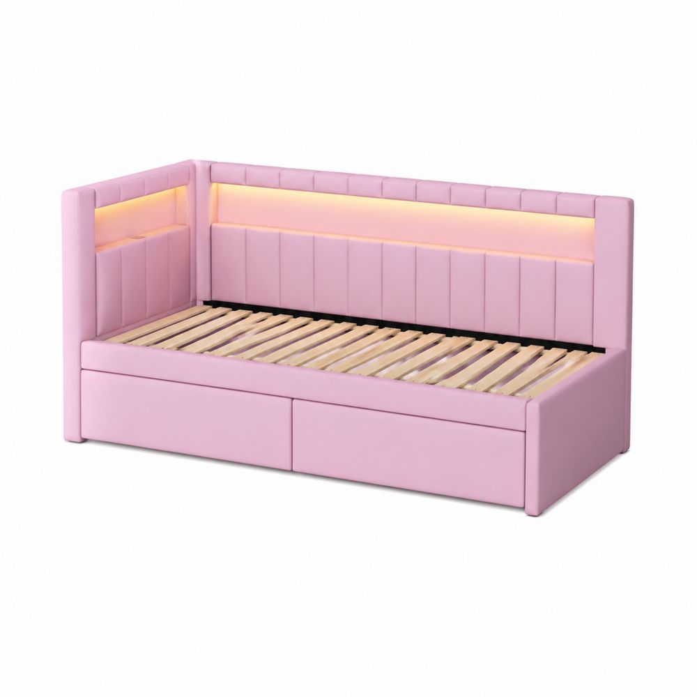 Divano Letto in Legno e PU con Contenitore e LED Rosa-Pelvilos