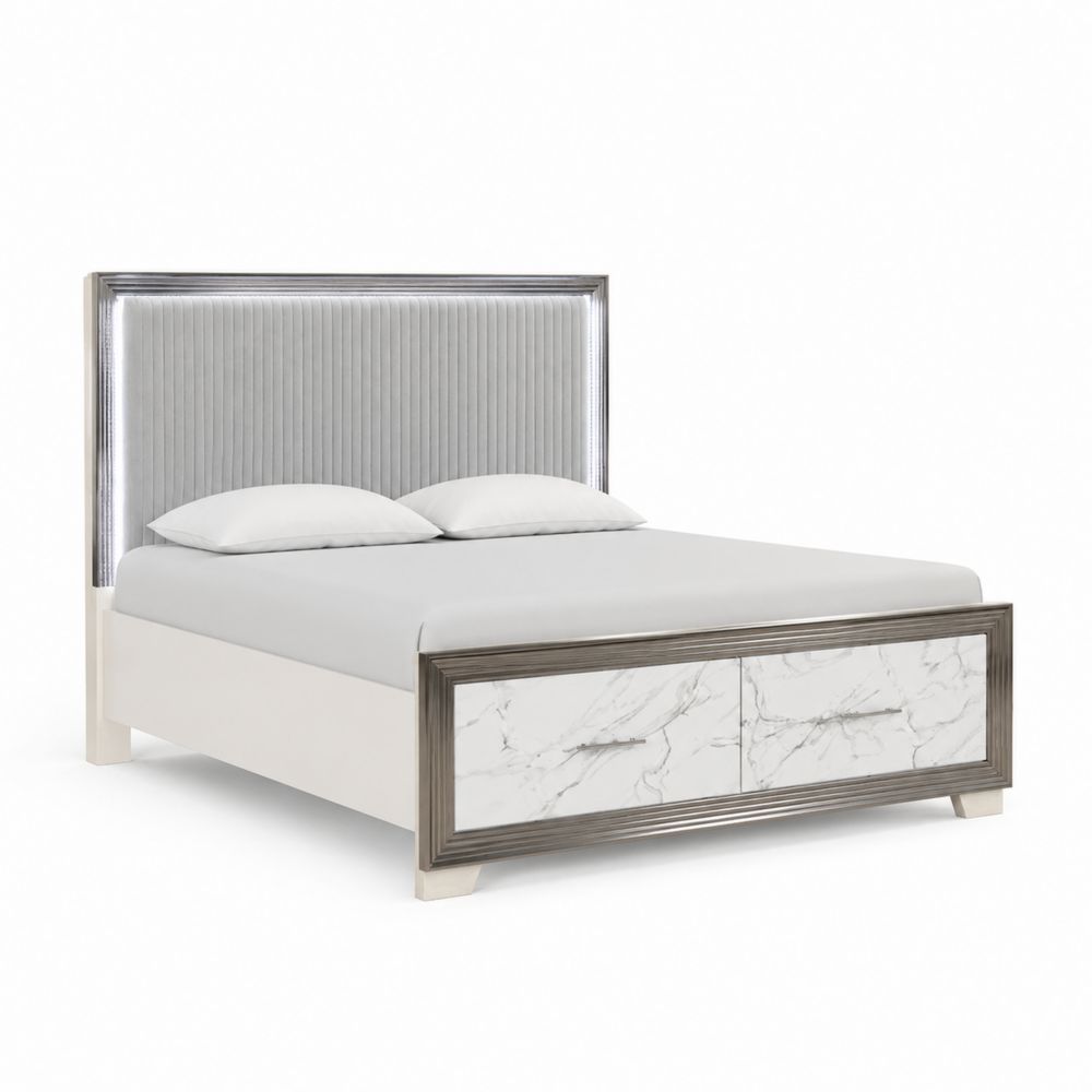 Letto matrimoniale in legno con testiera in velluto e dettagli in marmo artificiale-Pelvilos
