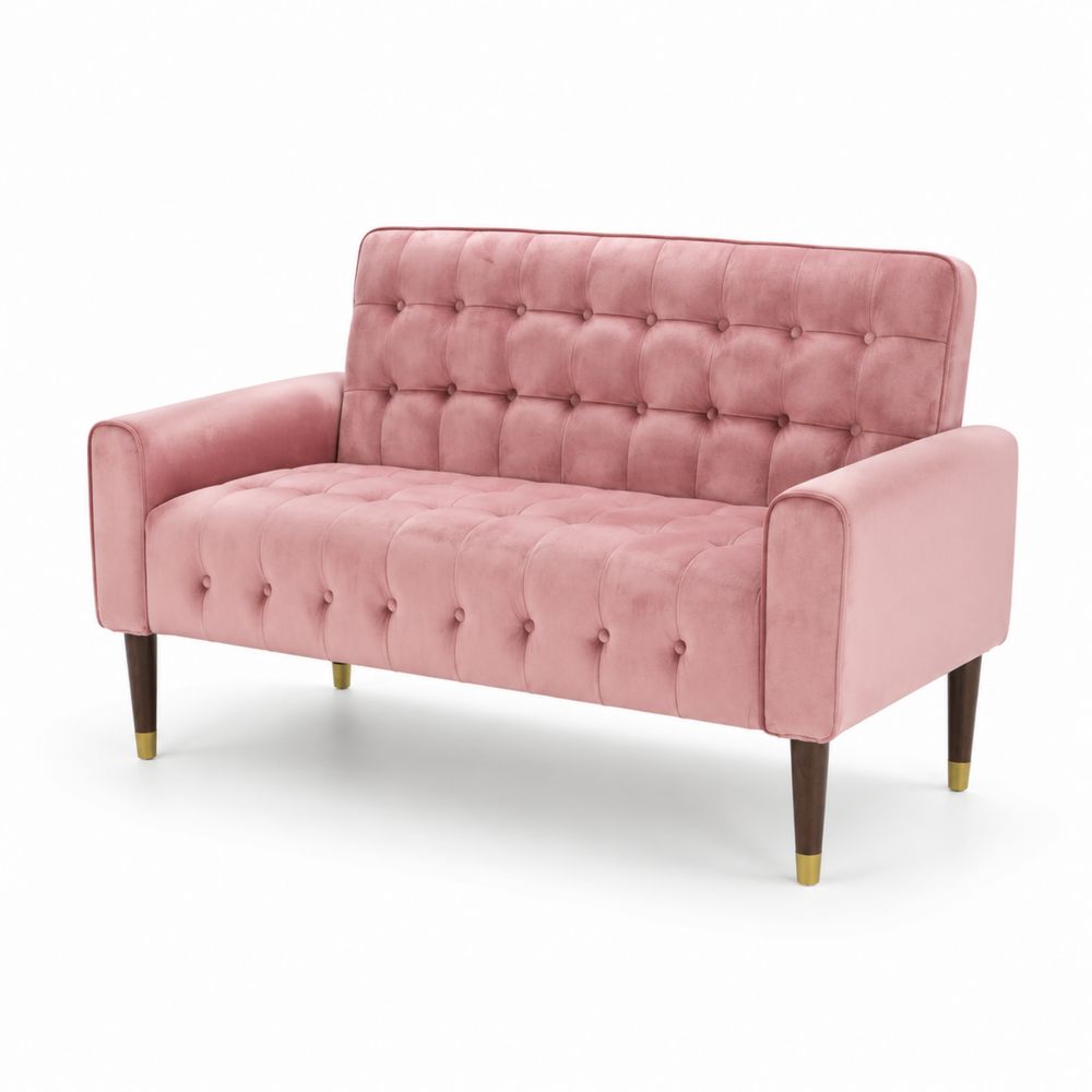 Divano in velluto rosa a 2 posti con gambe in legno-Pelvilos