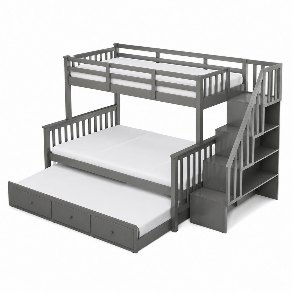 Letto a Castello in Legno Grigio con Terzo Letto Estraibile e Scala Scaffalatura-Pelvilos