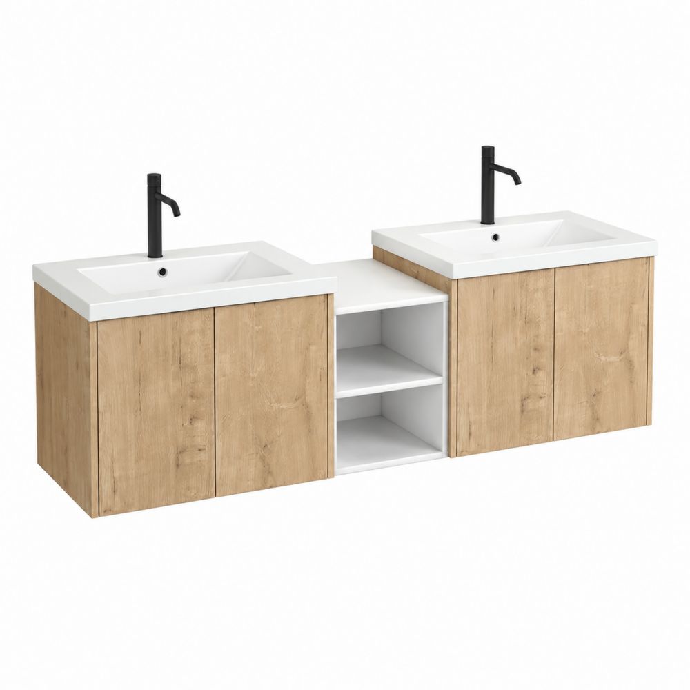 Mobile lavabo doppio in MDF e ceramica bianco e rovere-Pelvilos