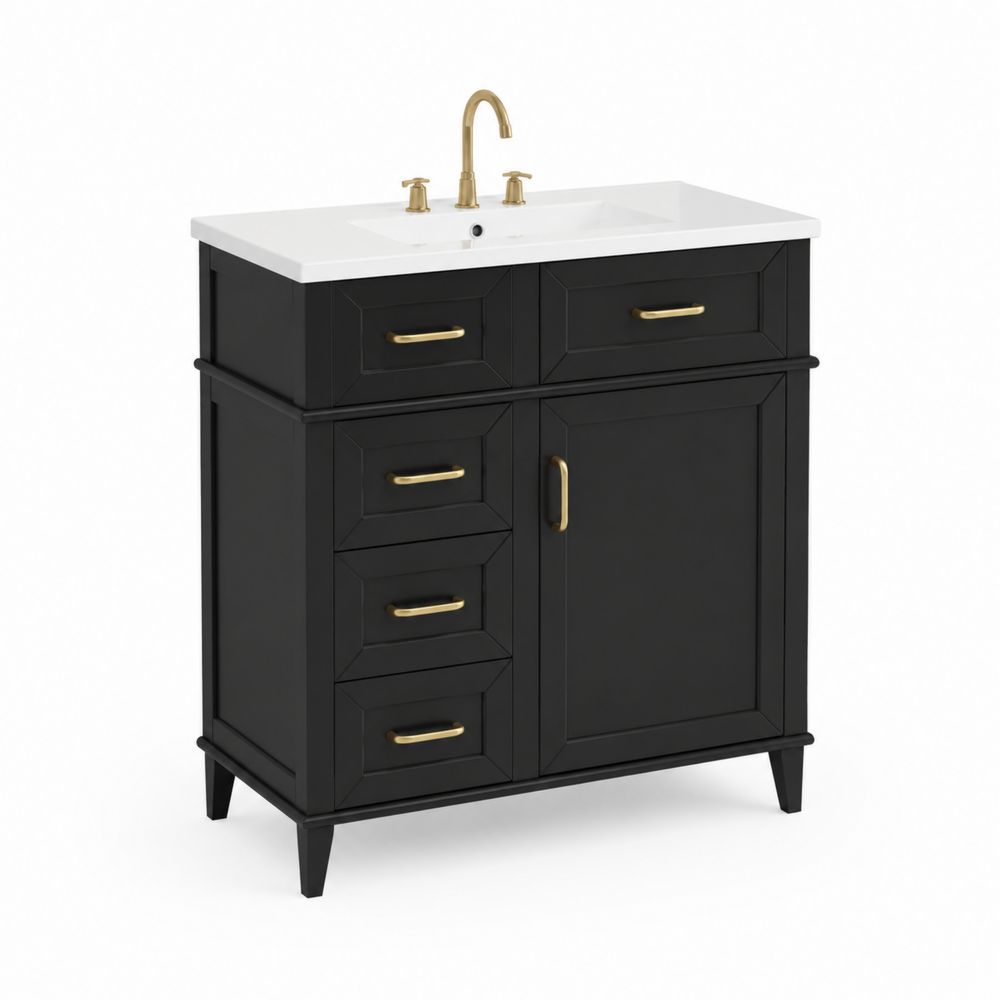 Mobile lavabo singolo nero in legno con lavandino in ceramica bianca-Pelvilos