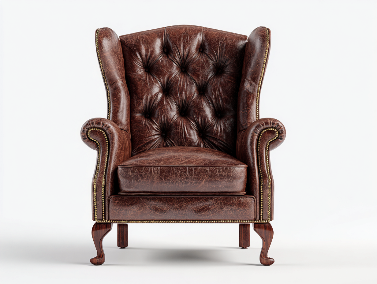 Sillón orejero tapizado en piel sintética marrón 85x80x110 cm - con reposabrazos y respaldo alto - estilo clásico capitoné para salón-Pazeniabode