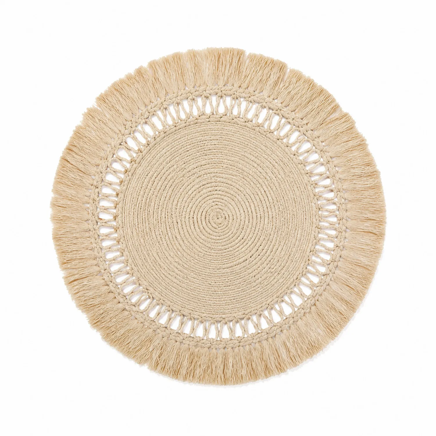Okrągła podkładka pleciona z frędzlami, beżowa, średnica 38 cm