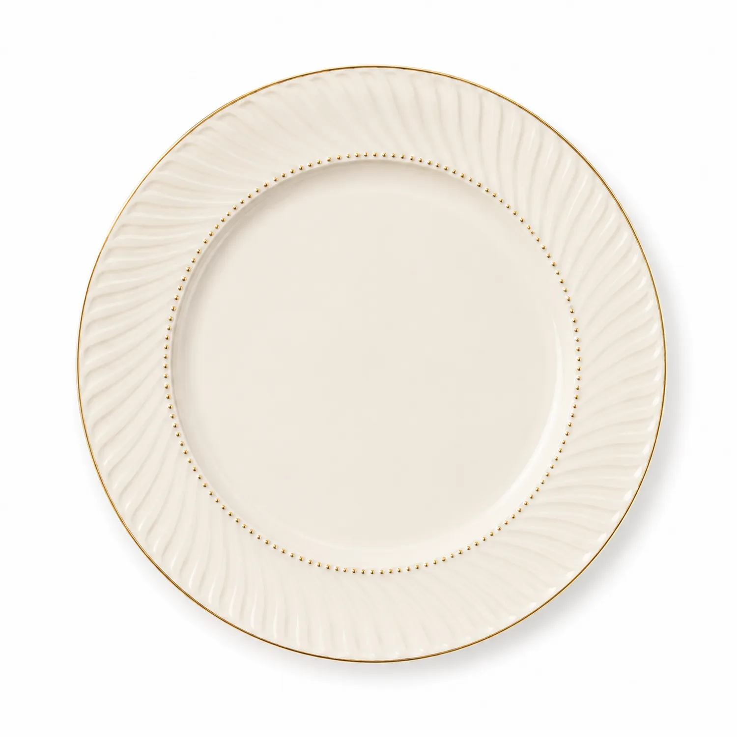 Kremowy talerz porcelanowy z ornamentem, złoty brzeg, 27 cm