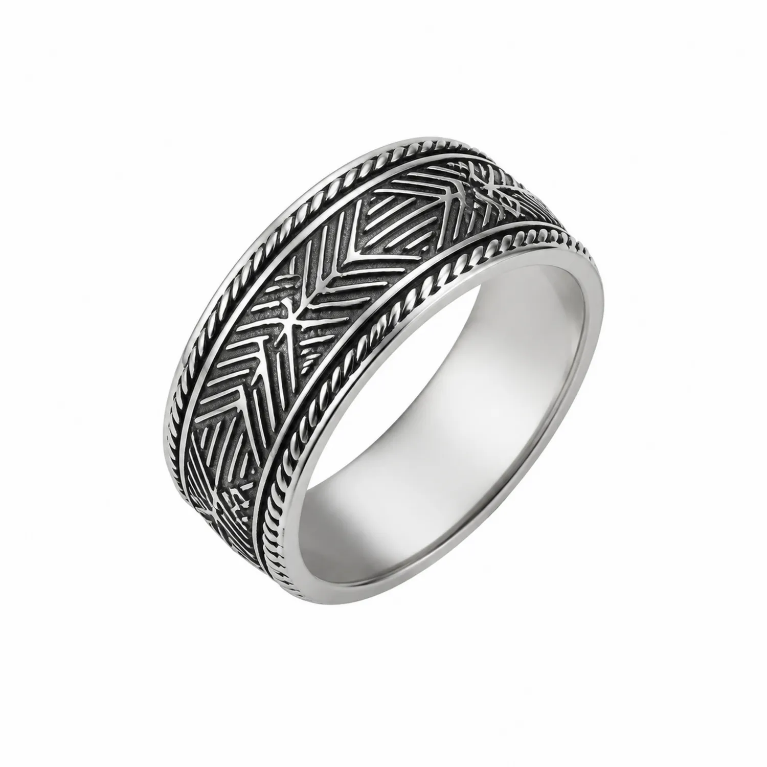 Srebrna obrączka unisex z wzorem etnicznym 8 mm