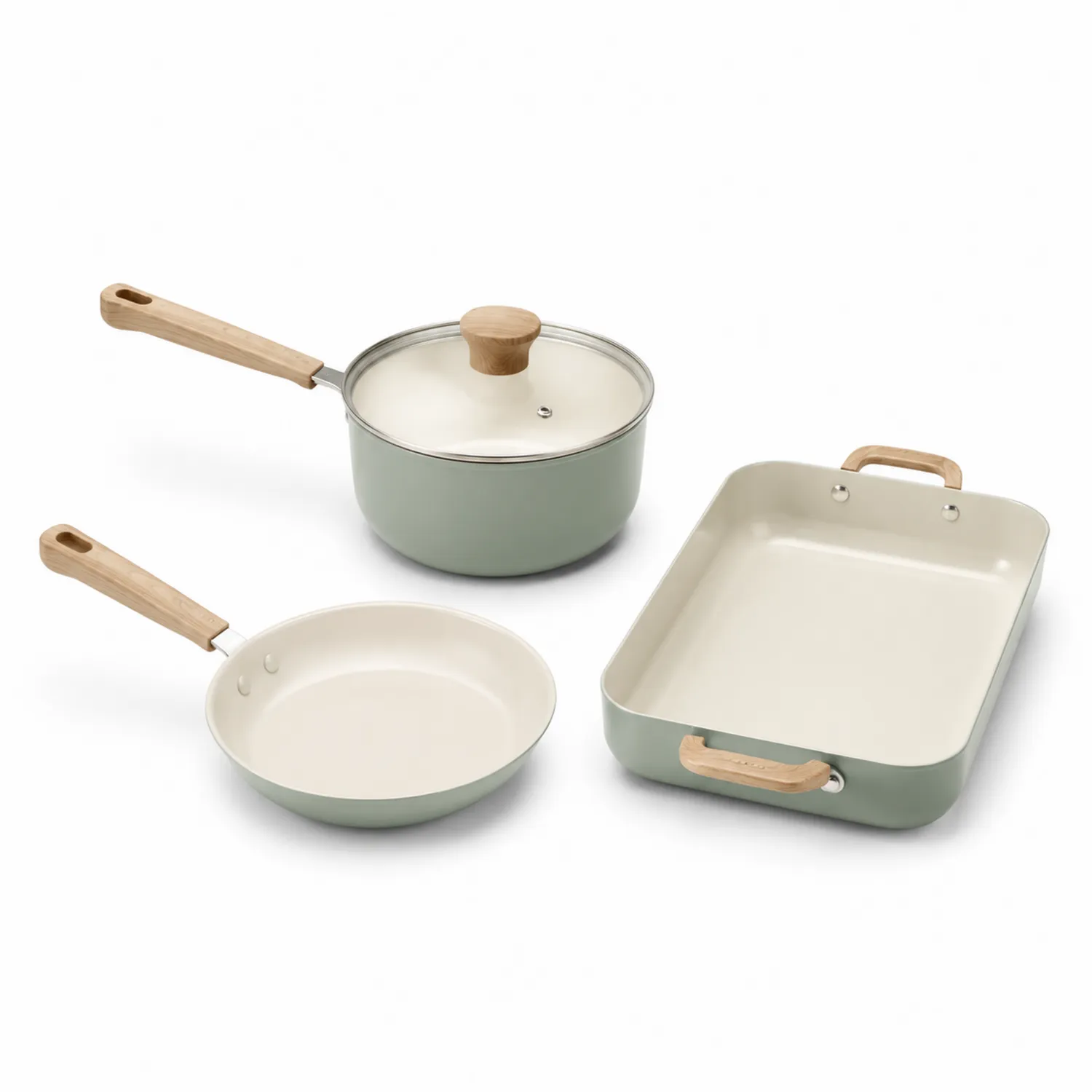 Zestaw naczyń ceramicznych zielony/biały z drewnianymi uchwytami