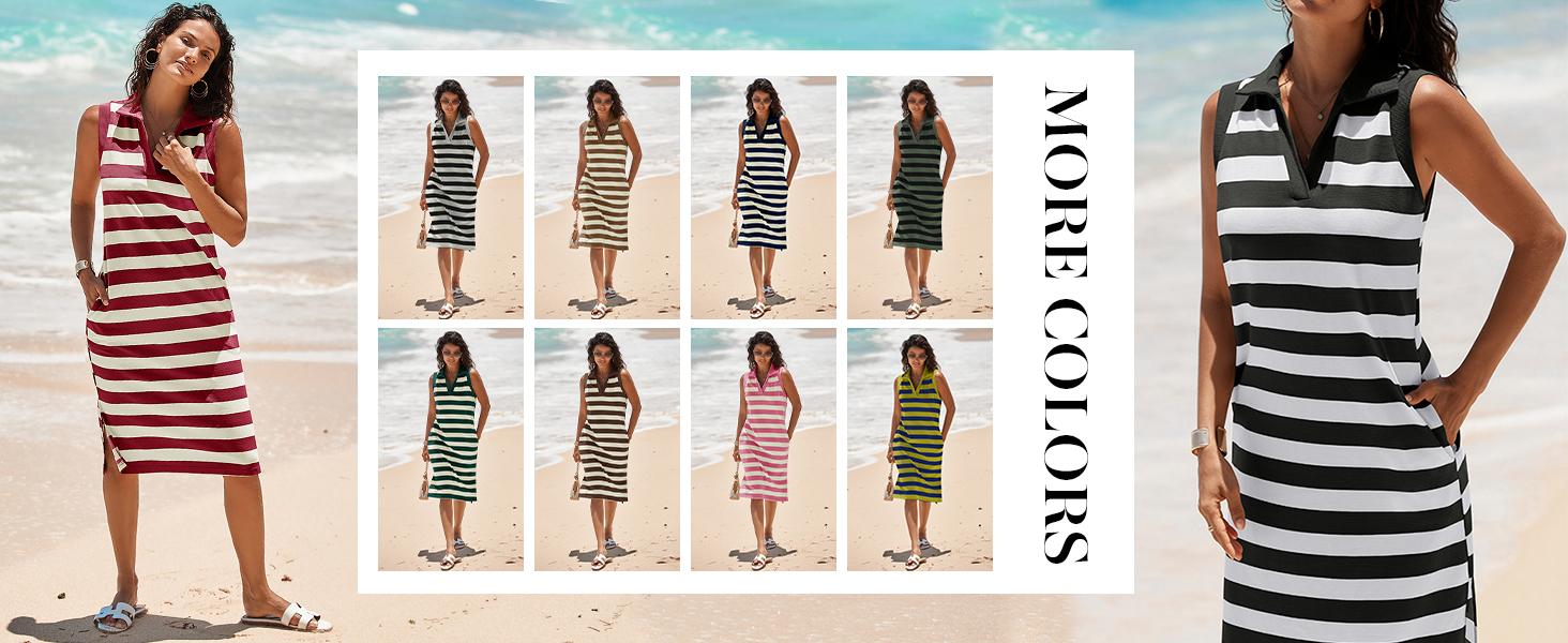 Wenrine Women's Striped Summer Dress Casual Polo V Neck Sleeveless Slit Loose Fit T Shirt Midi Dresses Wenrine Women's Striped Summer Dress Casual Polo V Neck Sleeveless Slit Loose Fit T Shirt Midi Dresses