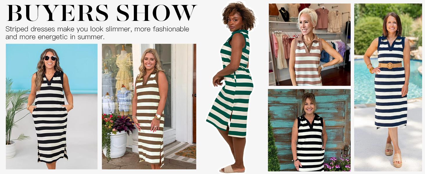 Wenrine Women's Striped Summer Dress Casual Polo V Neck Sleeveless Slit Loose Fit T Shirt Midi Dresses Wenrine Women's Striped Summer Dress Casual Polo V Neck Sleeveless Slit Loose Fit T Shirt Midi Dresses