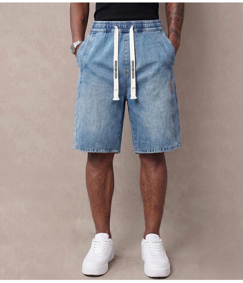 Men&rsquo;s summer lightweight denim shorts &mdash; trendy short men&rsquo;s pants, loose stretch mid-thigh denim shorts, classic street cotton everyday wear for men, elastic waistband drawstring denim shorts