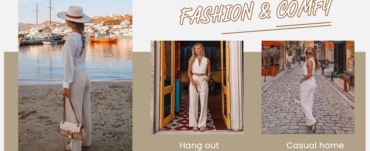 UANEO Women's Cotton Linen Wide Leg Pants Casual Button Up High Waisted Trousers Loose Comfy Spring Summer Womenswear SummerVibes Bohemian Bottoms Minimalist
