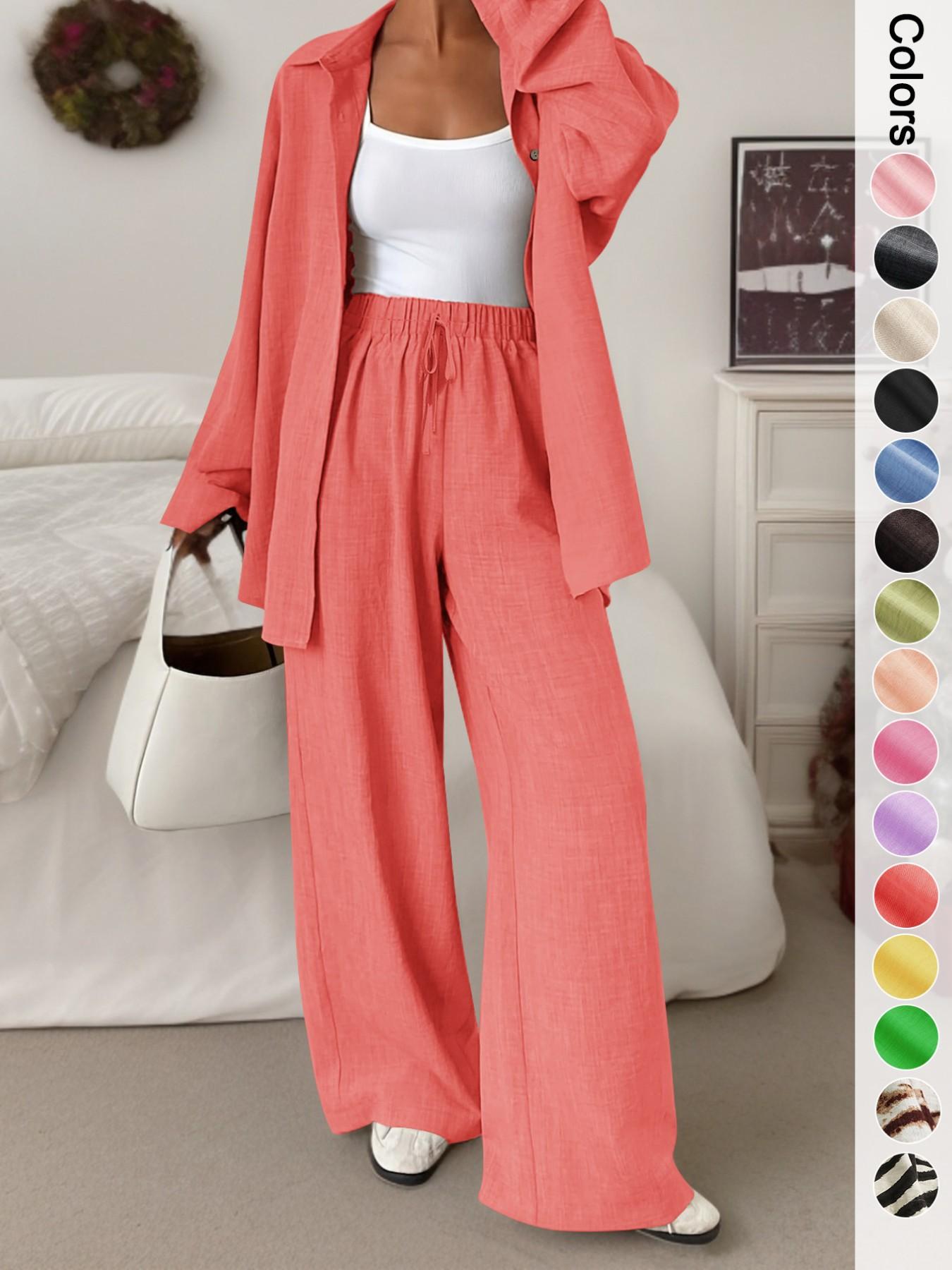 Women's Casual Sporty Shirt and Long Pants Set, Loose Button-Up Top and Wide-Leg Pants Two-Piece Set, Comfortable and Stylish