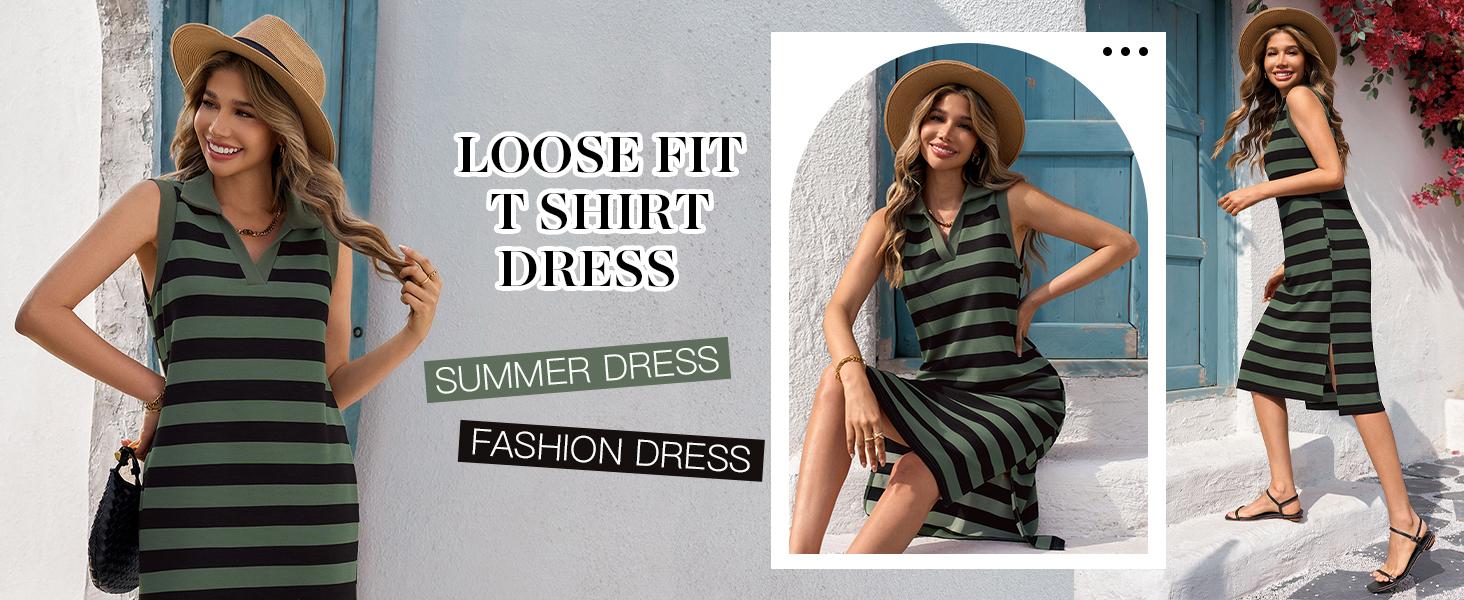 Wenrine Women's Striped Summer Dress Casual Polo V Neck Sleeveless Slit Loose Fit T Shirt Midi Dresses Wenrine Women's Striped Summer Dress Casual Polo V Neck Sleeveless Slit Loose Fit T Shirt Midi Dresses