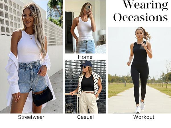 CHICME Built-in Bra Tank Top Ribbed Racerback Tops Women Going Out Tops Everyday Basic Tanks Padded Tops