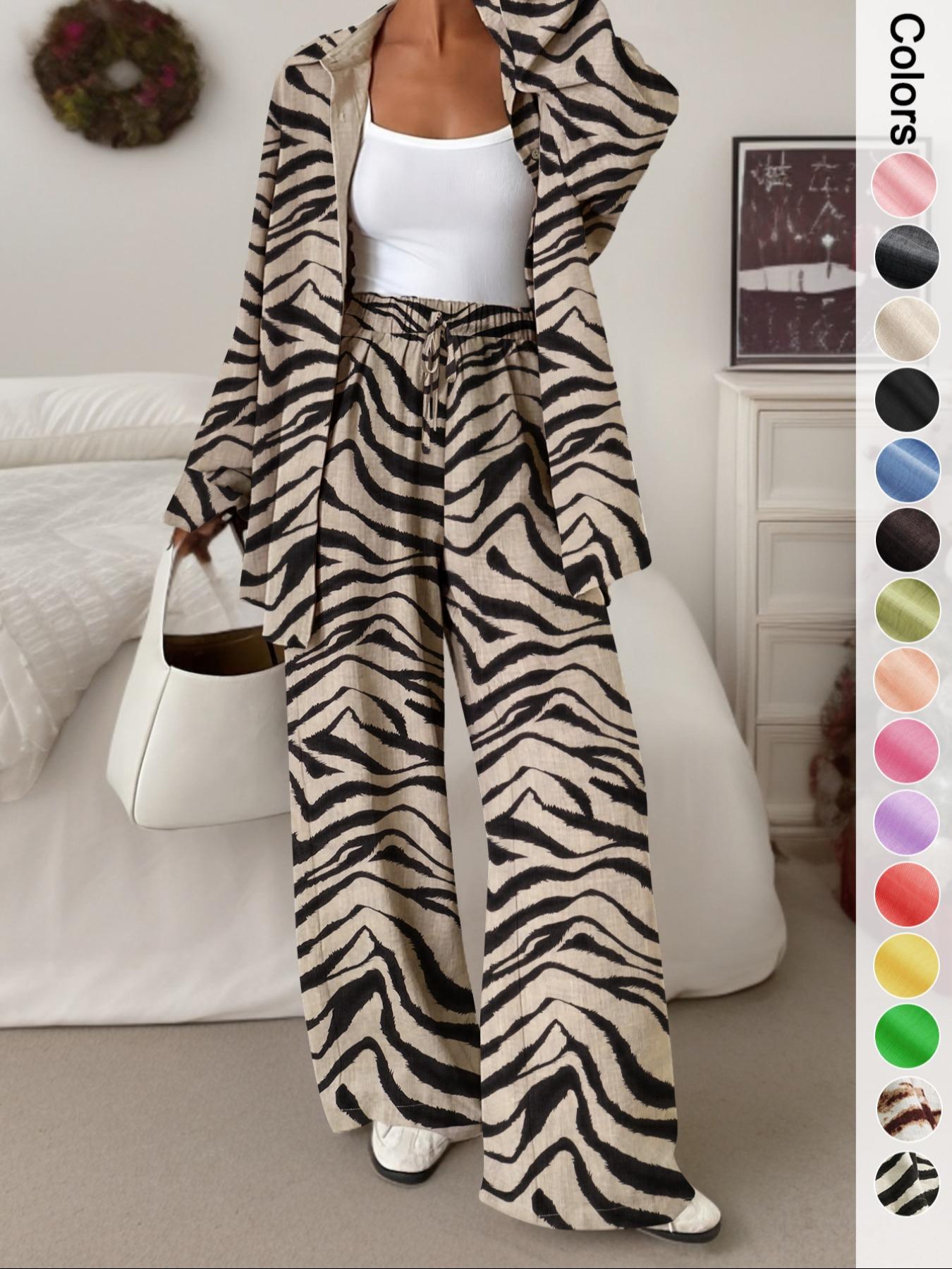 Women's Casual Sporty Shirt and Long Pants Set, Loose Button-Up Top and Wide-Leg Pants Two-Piece Set, Comfortable and Stylish