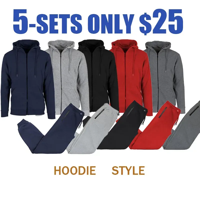 Men’s 5-Piece Fleece Zip Hoodie & Jogger Sets- 2 Full Sets