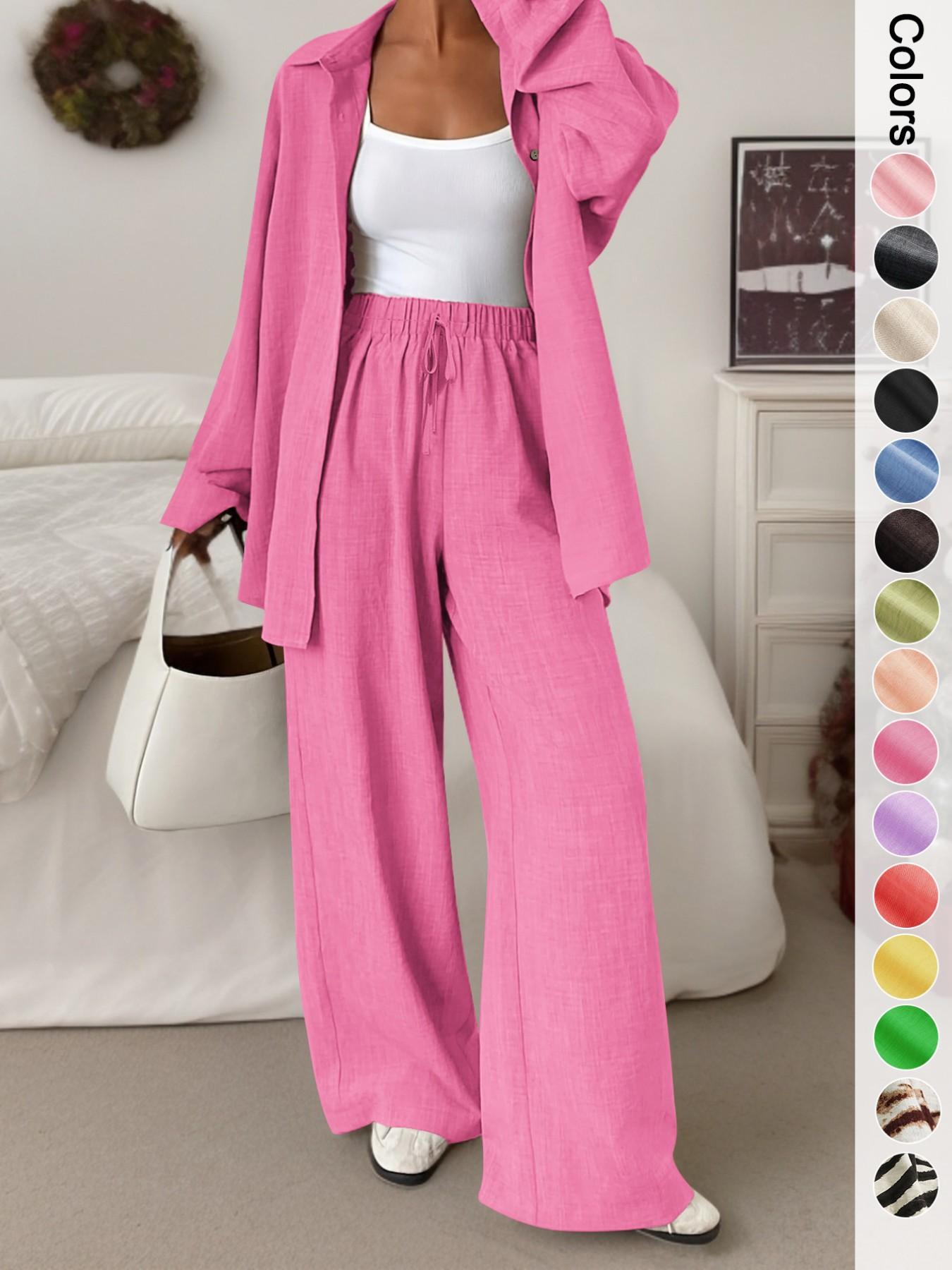 Women's Casual Sporty Shirt and Long Pants Set, Loose Button-Up Top and Wide-Leg Pants Two-Piece Set, Comfortable and Stylish