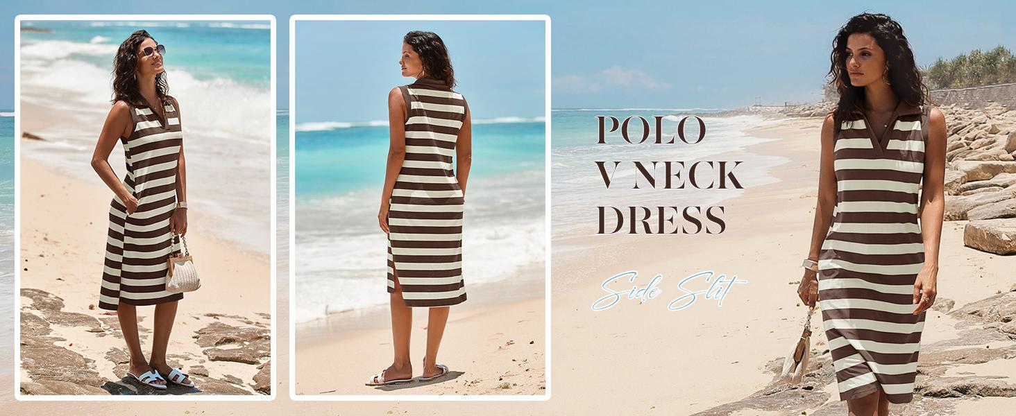 Wenrine Women's Striped Summer Dress Casual Polo V Neck Sleeveless Slit Loose Fit T Shirt Midi Dresses Wenrine Women's Striped Summer Dress Casual Polo V Neck Sleeveless Slit Loose Fit T Shirt Midi Dresses