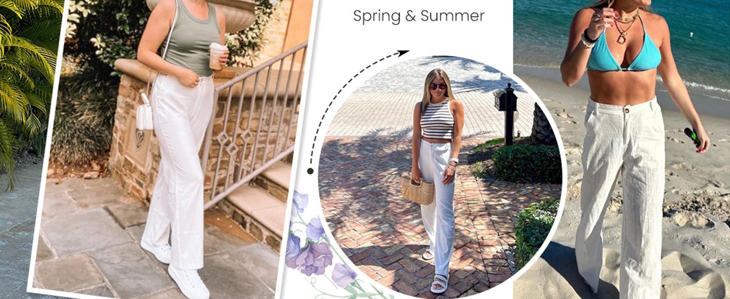 UANEO Women's Cotton Linen Wide Leg Pants Casual Button Up High Waisted Trousers Loose Comfy Spring Summer Womenswear SummerVibes Bohemian Bottoms Minimalist