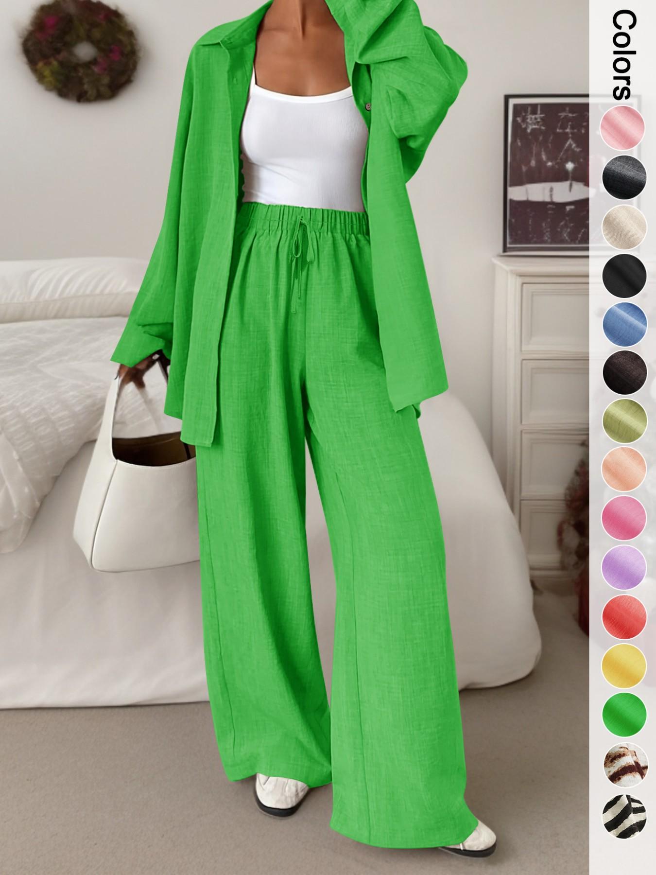 Women's Casual Sporty Shirt and Long Pants Set, Loose Button-Up Top and Wide-Leg Pants Two-Piece Set, Comfortable and Stylish