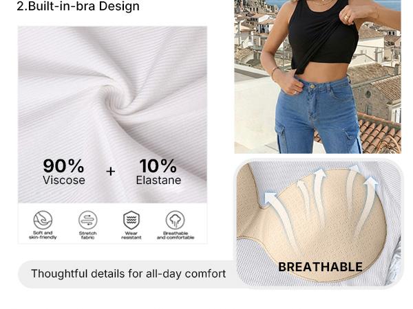 CHICME Built-in Bra Tank Top Ribbed Racerback Tops Women Going Out Tops Everyday Basic Tanks Padded Tops