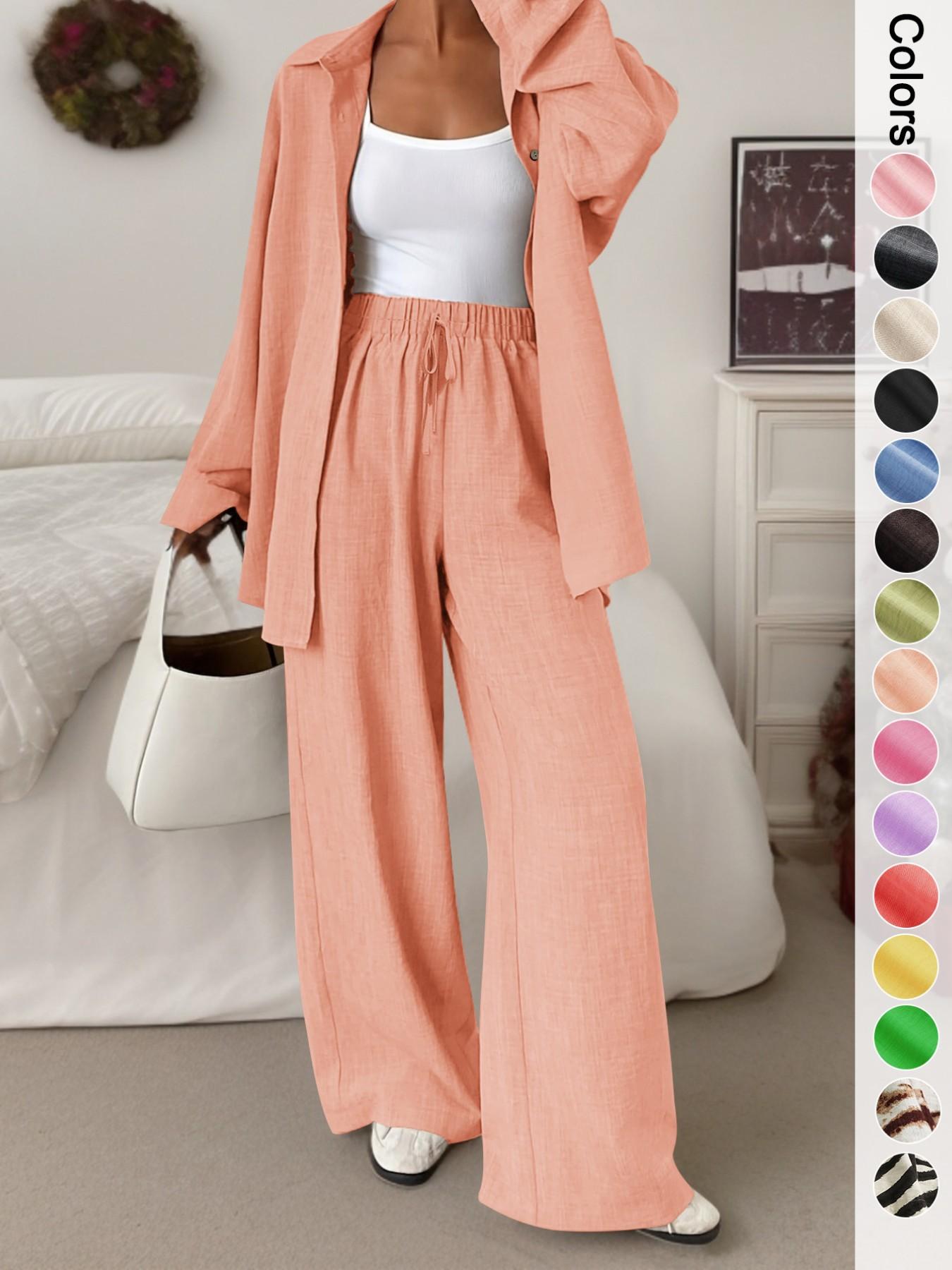 Women's Casual Sporty Shirt and Long Pants Set, Loose Button-Up Top and Wide-Leg Pants Two-Piece Set, Comfortable and Stylish