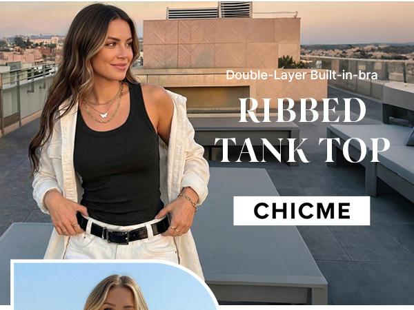CHICME Built-in Bra Tank Top Ribbed Racerback Tops Women Going Out Tops Everyday Basic Tanks Padded Tops