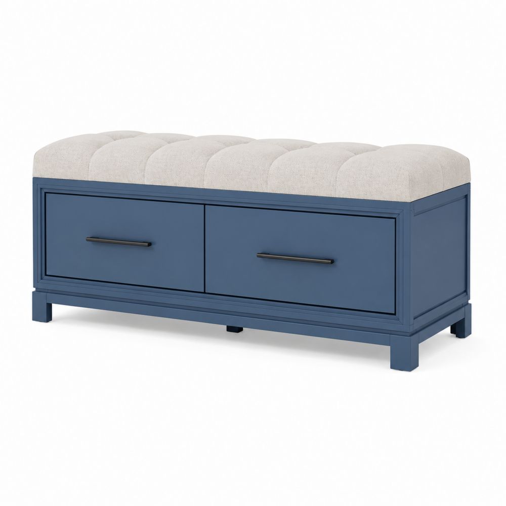 Panca contenitore in legno blu con seduta in poliestere beige