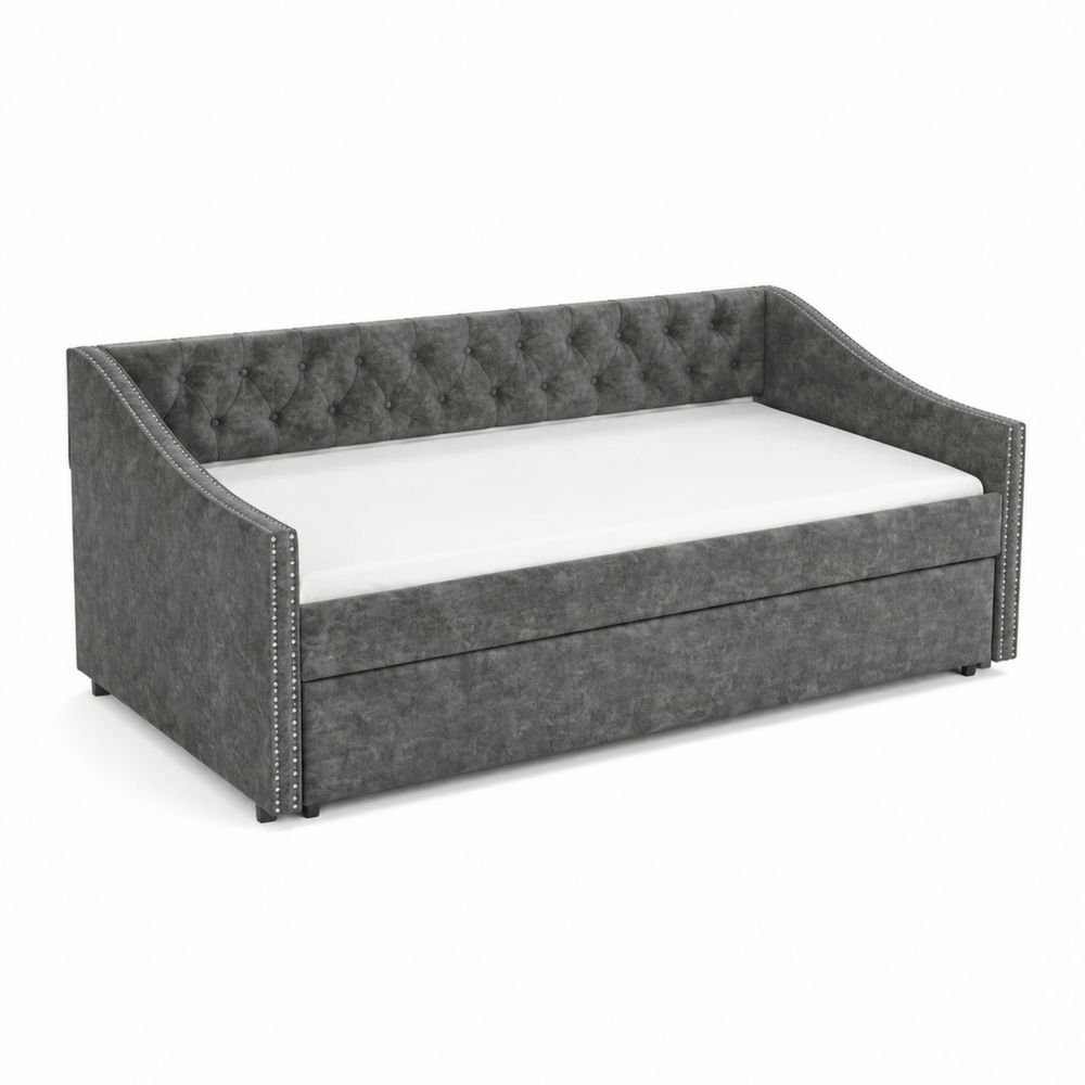 Divano Letto in Tessuto Grigio con Cassetto