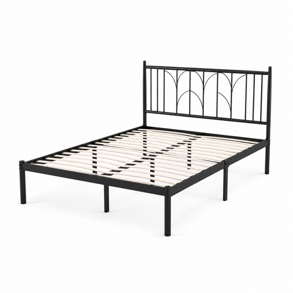 Letto matrimoniale in metallo nero con doghe in legno